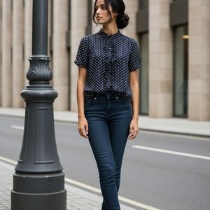 Navy Polka Dot Blouse and Dark Jeans